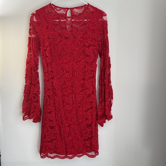 NY & Co Red Lace Cocktail Dress with Bell Sleeves - Picture 6 of 8